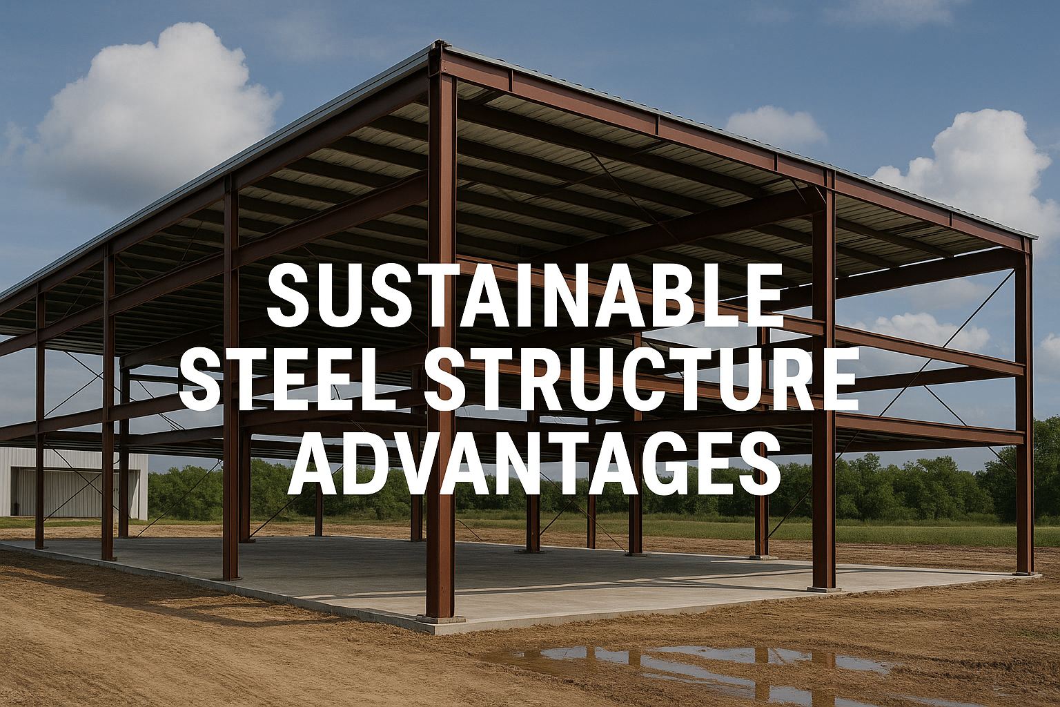 Steel building framework highlighting sustainable construction advantages, set against a clear sky and grassy landscape, relevant to barndominium and steel structure discussions.