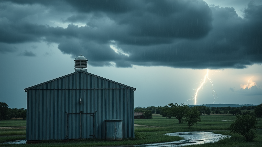 Steel building enduring a Texas thunderstorm, repelling rain and strong winds