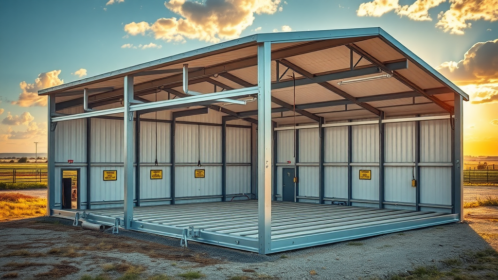 Cutaway view of a steel building kit showing labeled insulated panels and support beams in a Texas landscape
