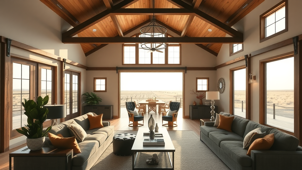 Inviting barndominium interior, modern and open-plan, showing fire-resistant steel features, comfortable and stylish Texas living