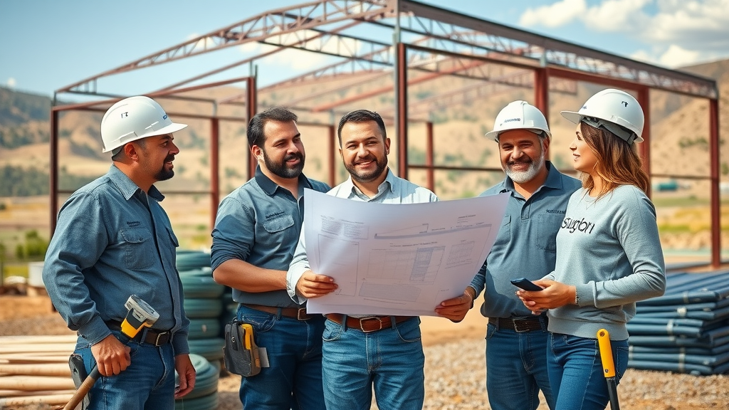 Suburban Buildings team discussing blueprints at a steel framework on-site, Texas hill country in background