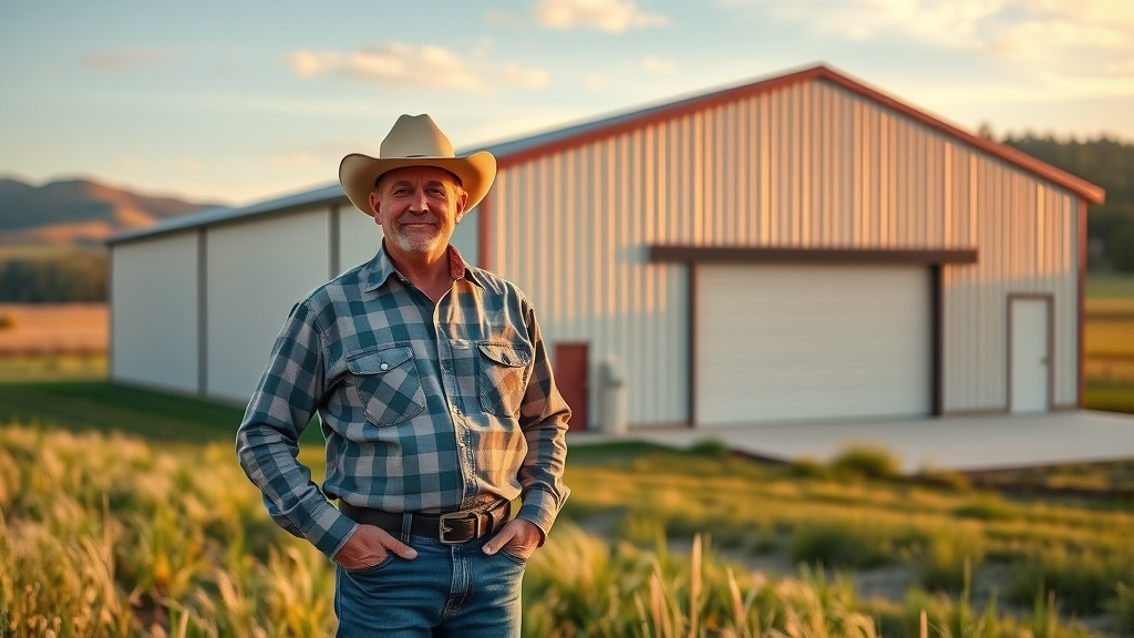 Happy Texas property owner beside a large finished steel building with rural landscape