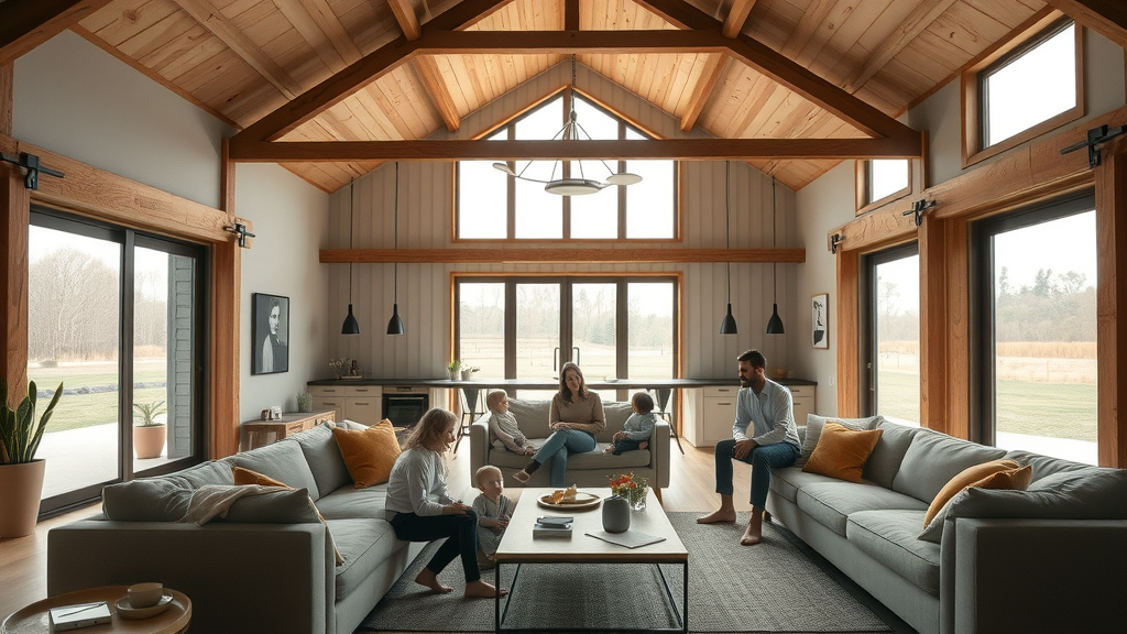Contemporary barndominium interior with family enjoying open-plan living, showing steel walls and modern finishes