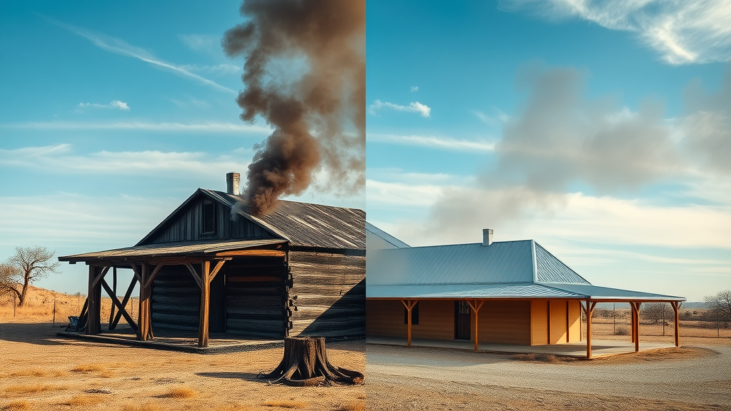 Split-view of Texas property with charred wood building versus pristine fire resistant steel building, showing advantages of steel buildings against spread of flames