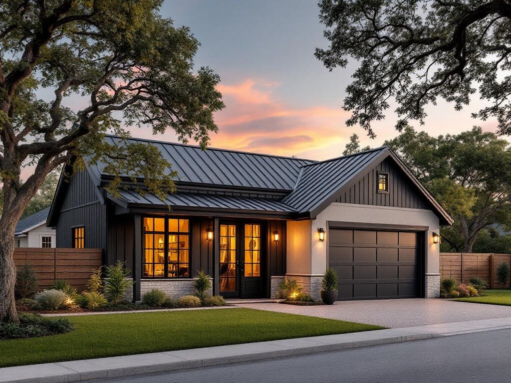 Custom steel building in Alamo Heights, Texas, featuring modern design, large windows, and landscaped yard, showcasing durability and aesthetic appeal for residential construction.