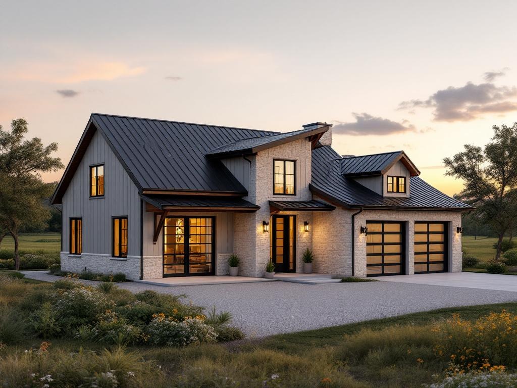 Custom steel building in Bee Cave, Texas, featuring modern design elements, large windows, and a landscaped front yard, surrounded by scenic rolling hills.