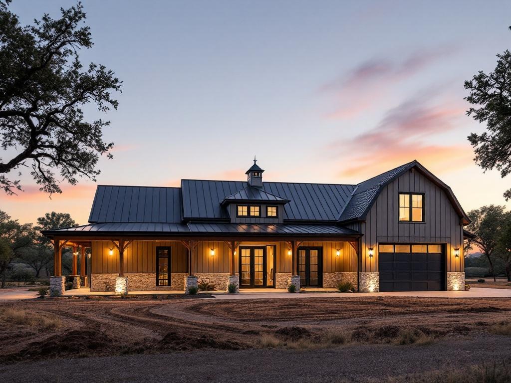 Custom barndominium with modern design, metal roof, and stone accents in Buda, Texas, surrounded by natural landscape at sunset.