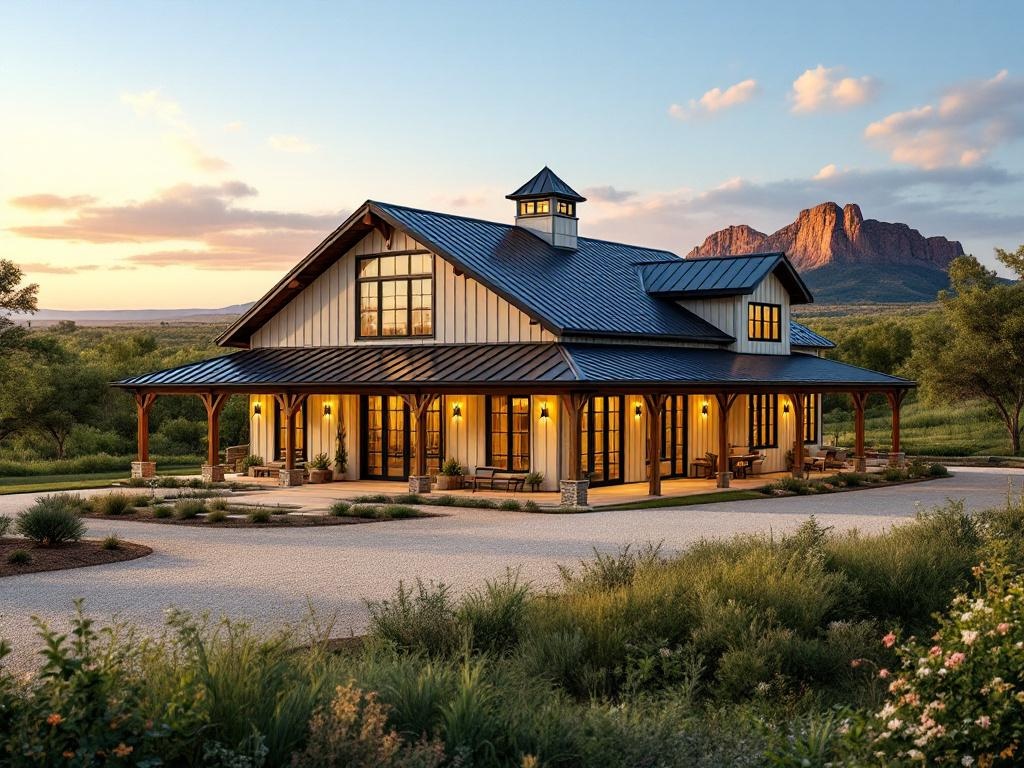 Custom steel building in Fredericksburg, Texas, featuring a modern design with a metal roof, surrounded by lush landscapes and hills, reflecting the area's charm and suitability for durable, custom structures.