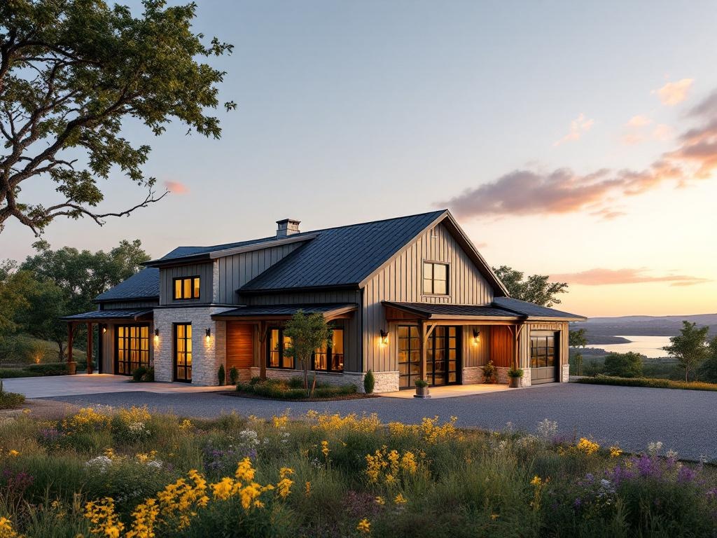 Modern custom home in Lakeway, Texas, featuring a blend of stone and wood architecture, surrounded by lush landscaping and wildflowers, with Lake Travis visible in the background at sunset.