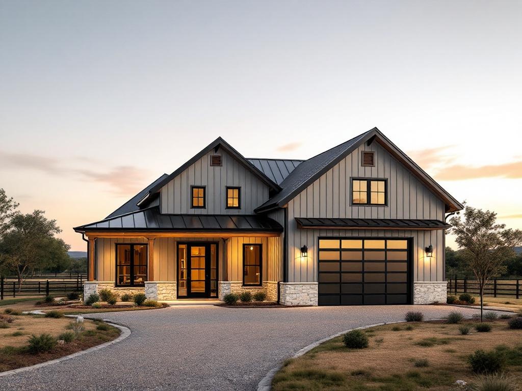 Custom barndominium in Schertz, Texas, featuring modern design elements, stone accents, and a welcoming front porch, surrounded by landscaped yard and evening light.