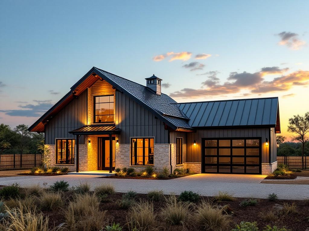 Custom barndominium with modern design, featuring a metal roof and stone accents, illuminated at dusk, surrounded by landscaped grounds in Universal City, Texas.